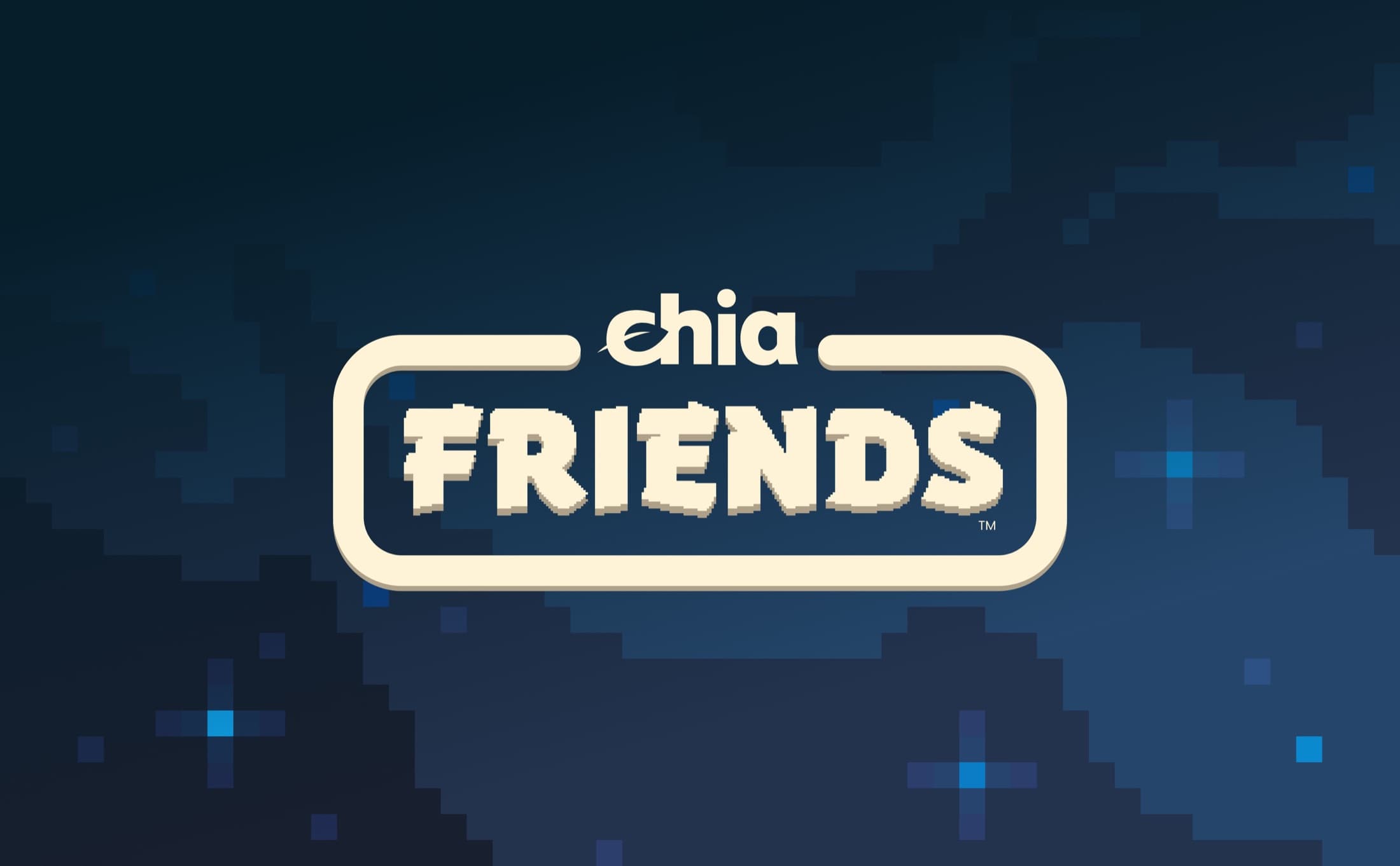 Chia Friends logo set in a custom 8-bit font beside pixel characters.