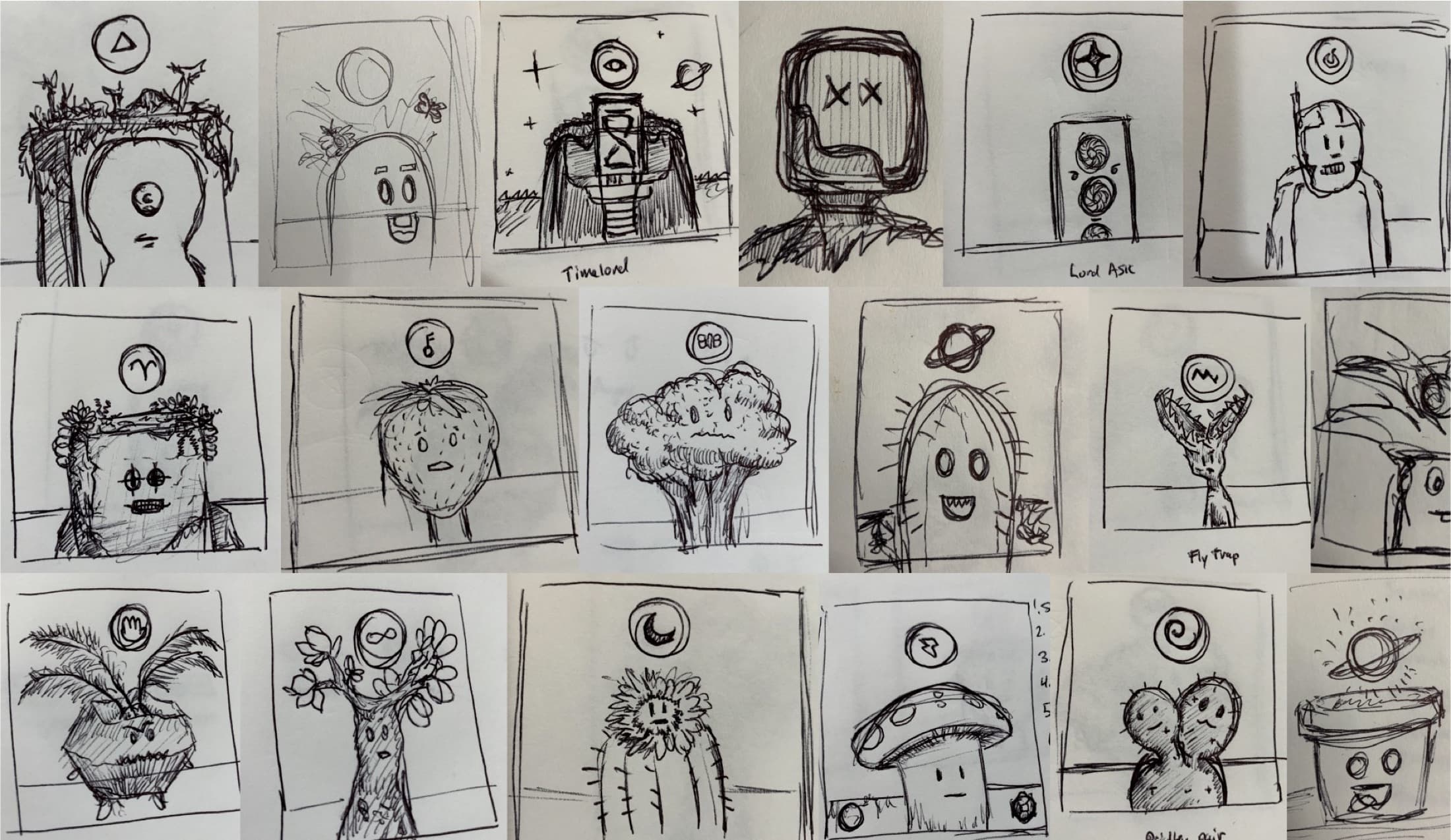 Pencil sketches of Chia Friends characters, including Timelord, Lord Asic, and Fly Trap.