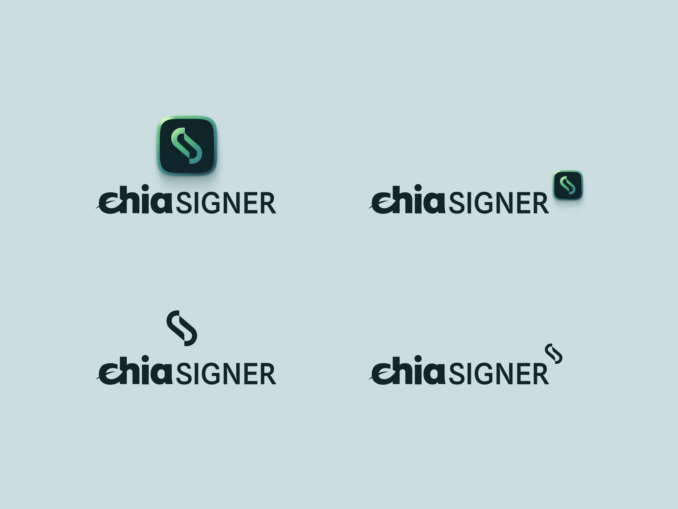 Chia Signer wordmark studies using the Chia leaf with the product name.