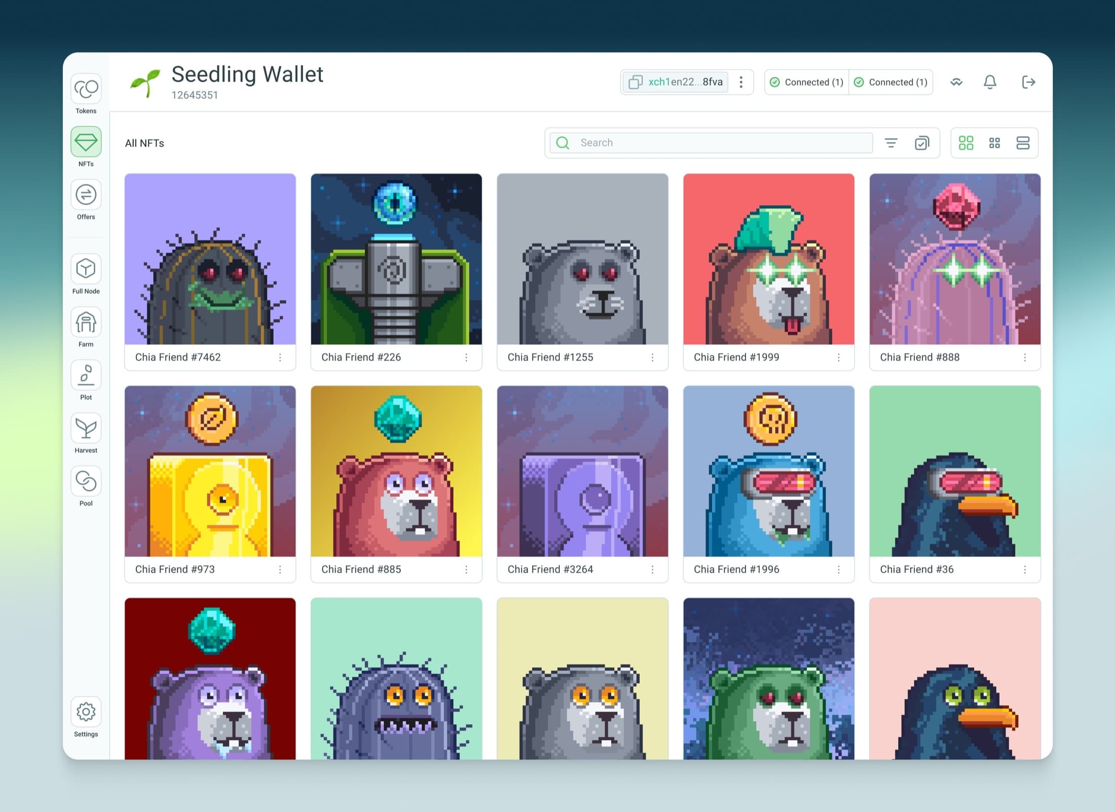 A grid of Chia Friends in the wallet NFT view.