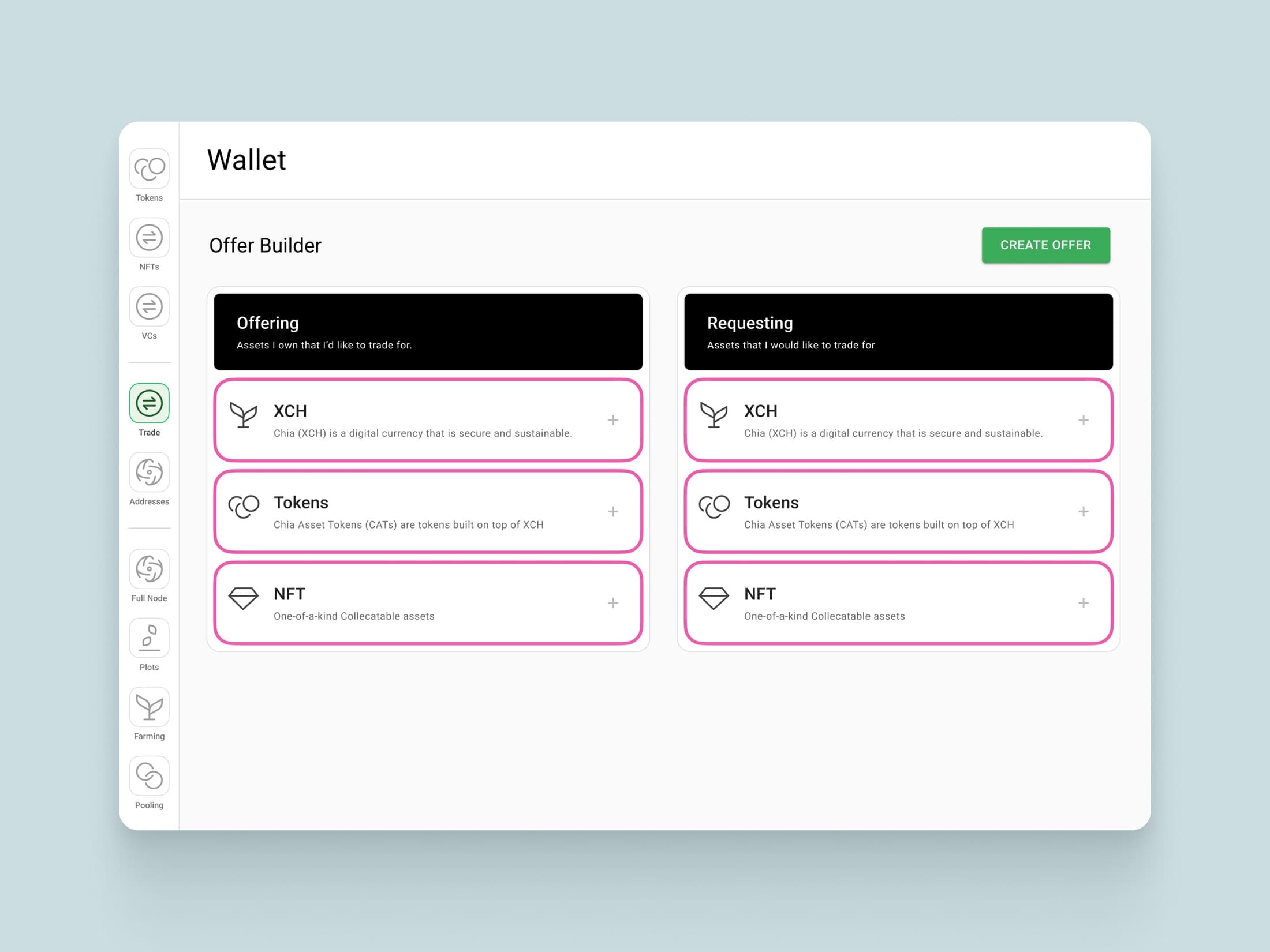 Offer builder with XCH, tokens, and NFTs visible at the top level instead of inside a menu.