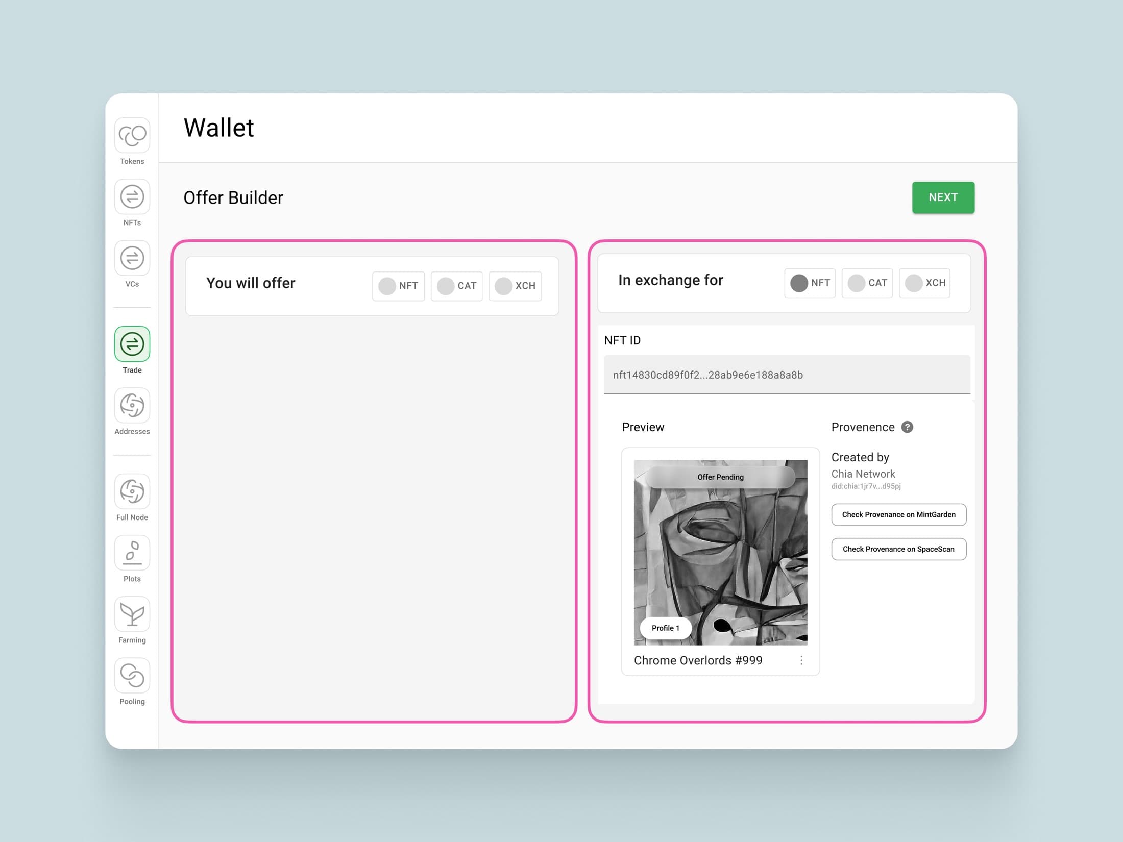 Two-column offer concept, one side for assets you own and one for assets you want.