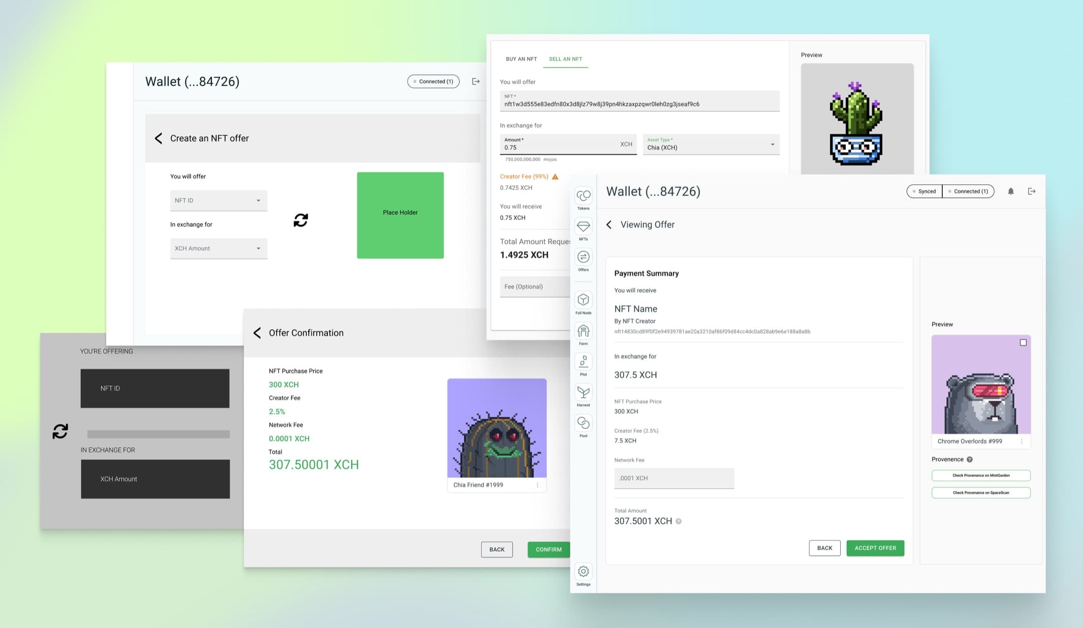 Early concept for NFT offers, with a dense token-style trading layout.