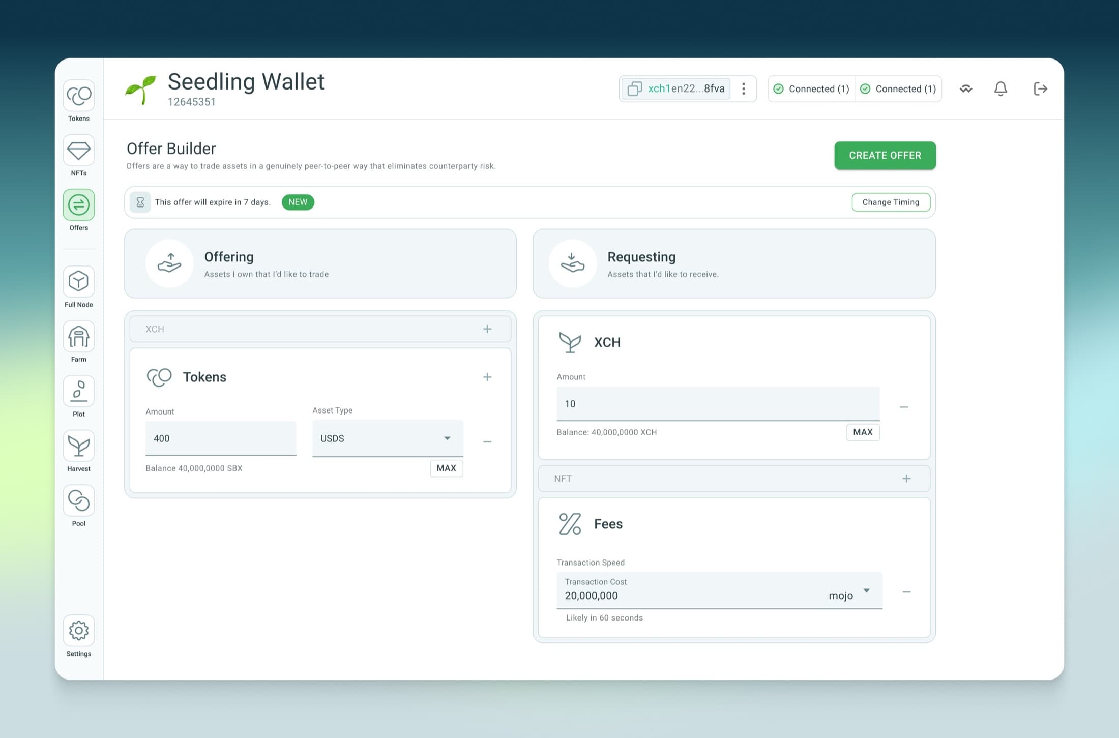 The Offer Builder inside the Chia wallet.